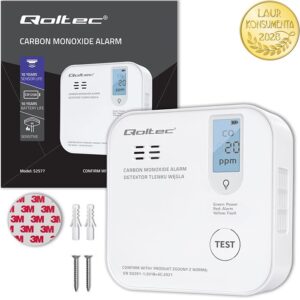 52577 - Qoltec Certyfikowany bezprzewodowy Czujnik tlenku węgla (czadu) z baterią | detektor CO | żywotność sensora 10 lat | alarm 85dB