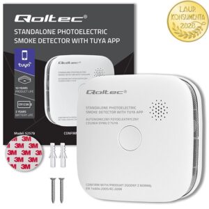 52579 - Qoltec Certyfikowany bezprzewodowy Czujnik dymu z baterią | Tuya | Wi-fi | żywotność sensora 10 lat | alarm 85dB | LED