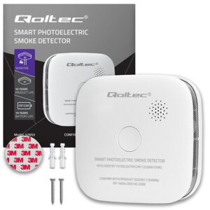 52653 - Qoltec Certyfikowany bezprzewodowy Czujnik dymu z baterią | żywotność sensora 10 lat | żywotność baterii 10 lat | alarm 85dB | LED