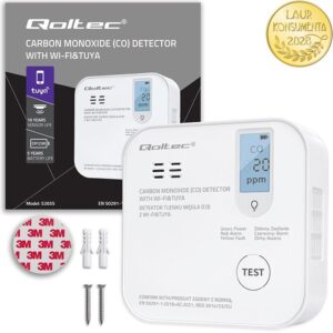 52655 - Qoltec Certyfikowany bezprzewodowy Czujnik tlenku węgla (czadu) z baterią | detektor CO | TUYA | Wi-fi | żywotność sensora 10 lat